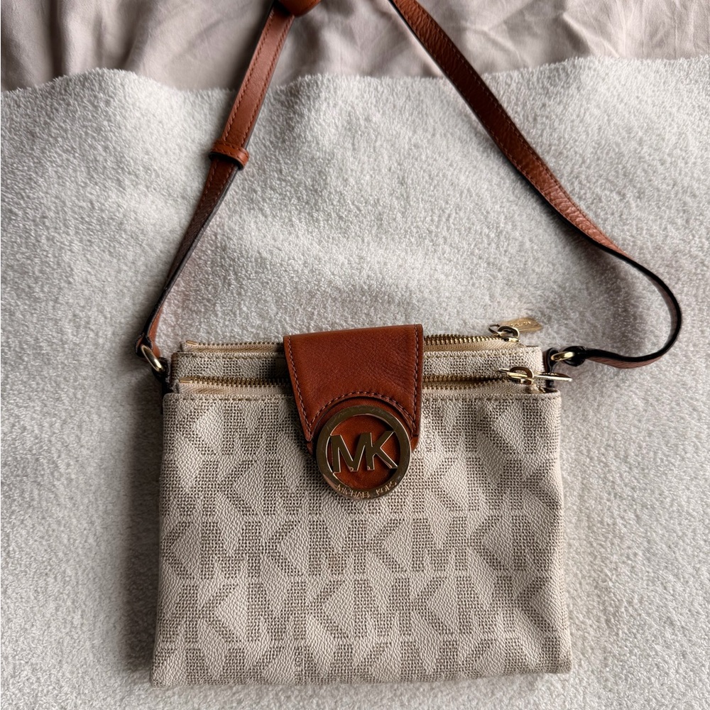 Michael Kors Tan and Brown Logo Crossbody Bag